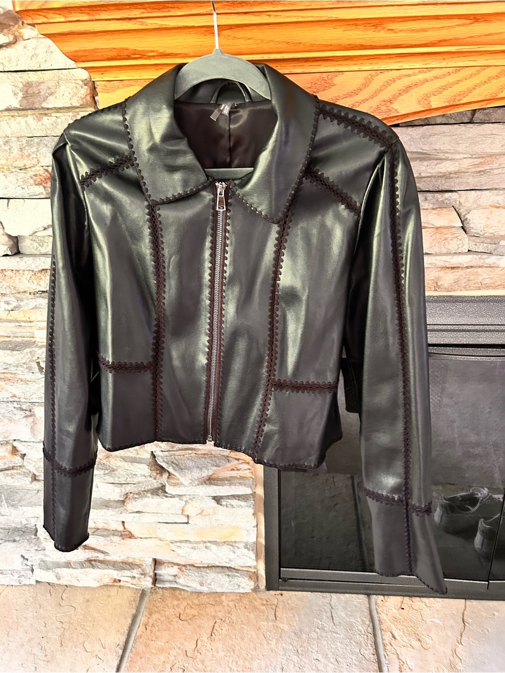 Anthropologie Black Faux Leather Zip-Up Jacket with Trim